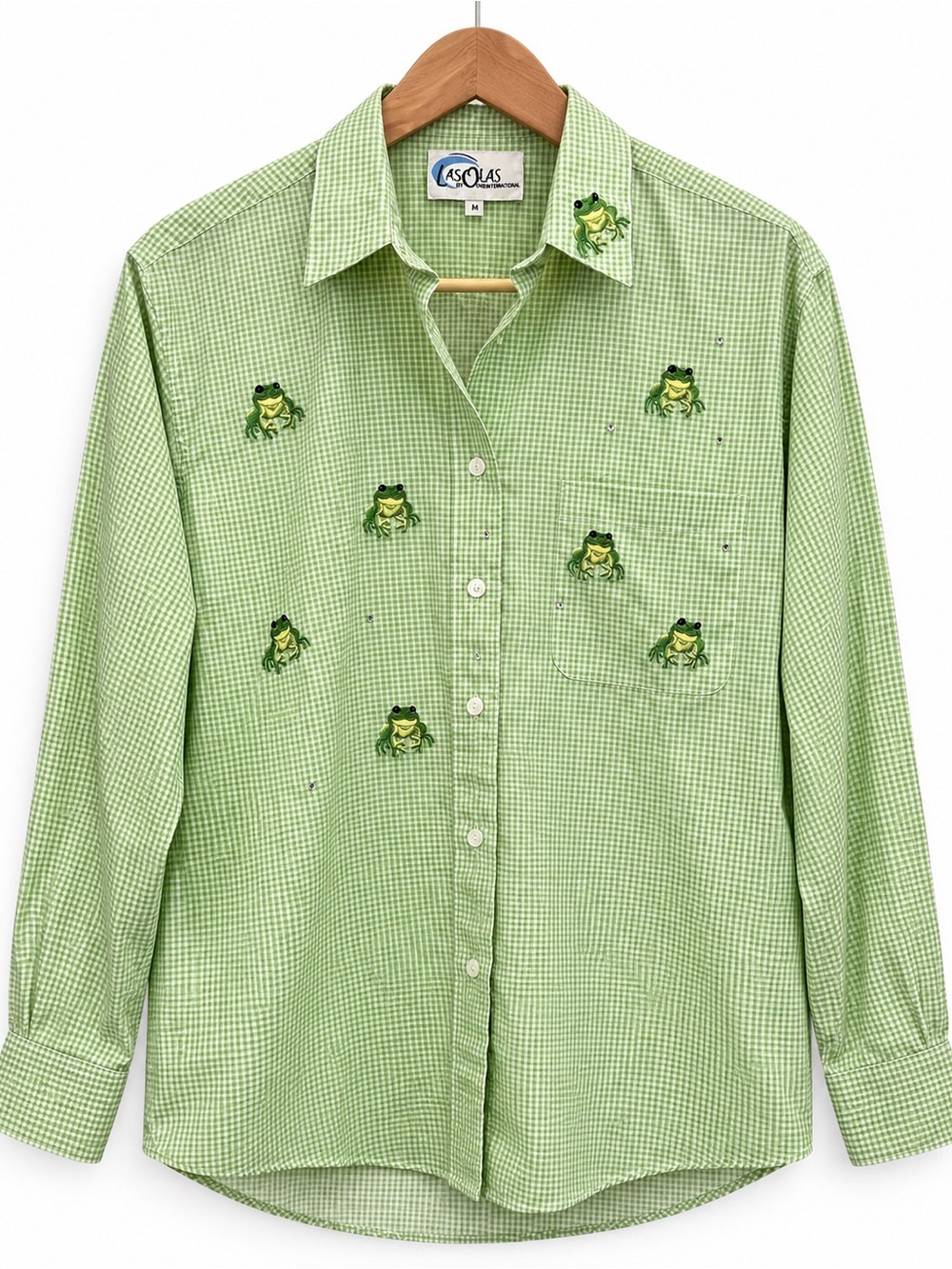 Vintage Y2K Las Olas Frog Embroidered Rhinestone Gingham Shirt M